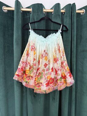 Zimmermann Floral Linen Silk Skirt Fringe Hem Gathered Waist Size 2